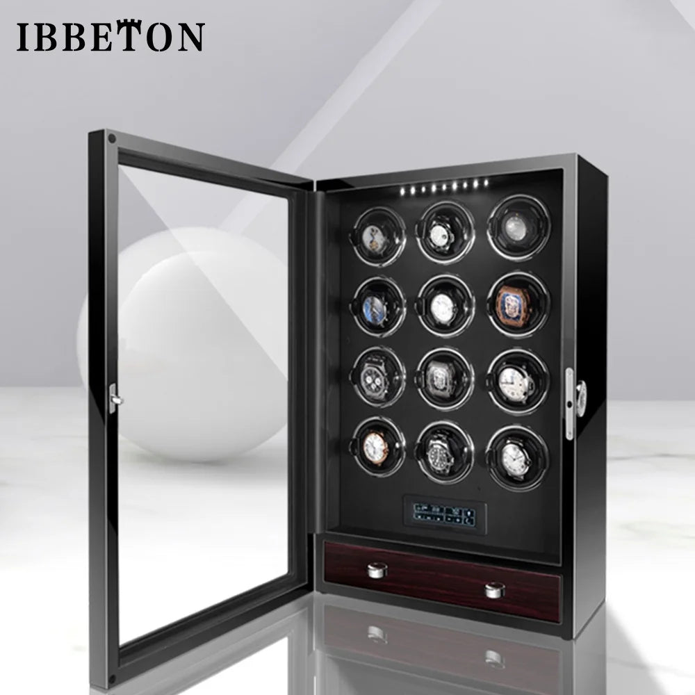 Luxury Automatic Watch Winder12 24 30 Slot Wood Mechanical Watch Box Fingerprint Unlock Quiet Mabuchi Motor Watches Storage Safe