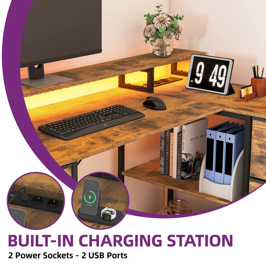 YITAHOME Brown L Shaped Office Desk 140x100cm with USB Charging 4 Drawers