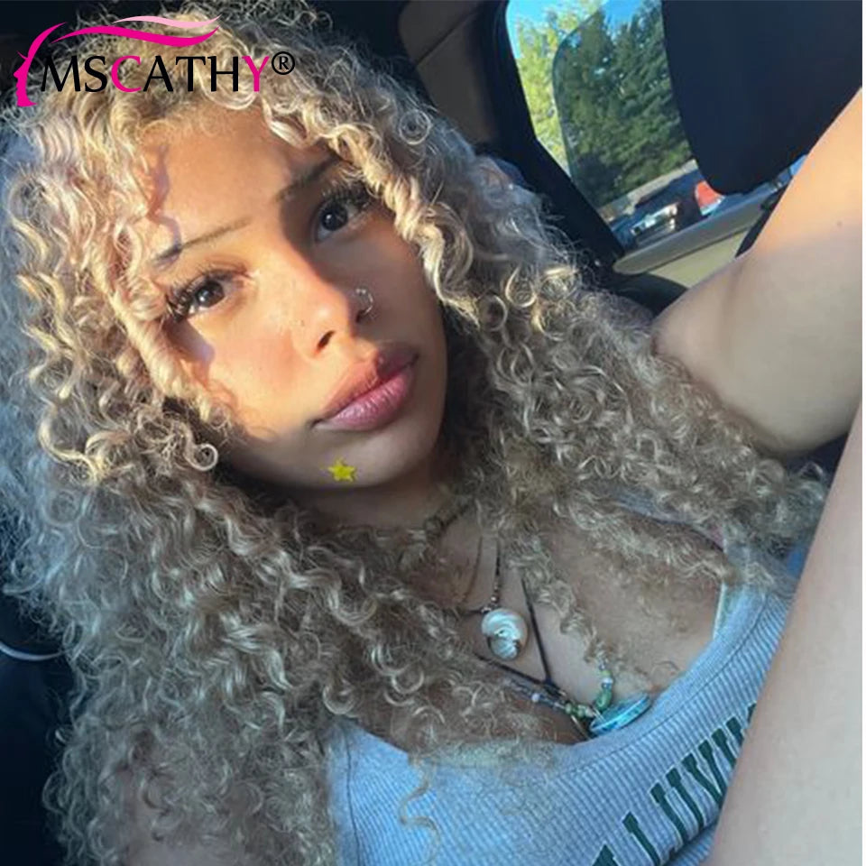 200% Ashy Blonde Colored Glueless Wigs For Women Kinky Curly Brazilian Virgin Human  Hair Wigs Pre-cut Lace Closure Wig Prepluck