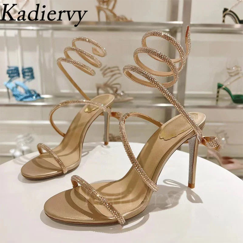 Summer High Heels Sandals Woman Crystal Snake Twine Around Ankle Strap Wedding Shoes Stiletto Butterfly-knot Sandals For Women