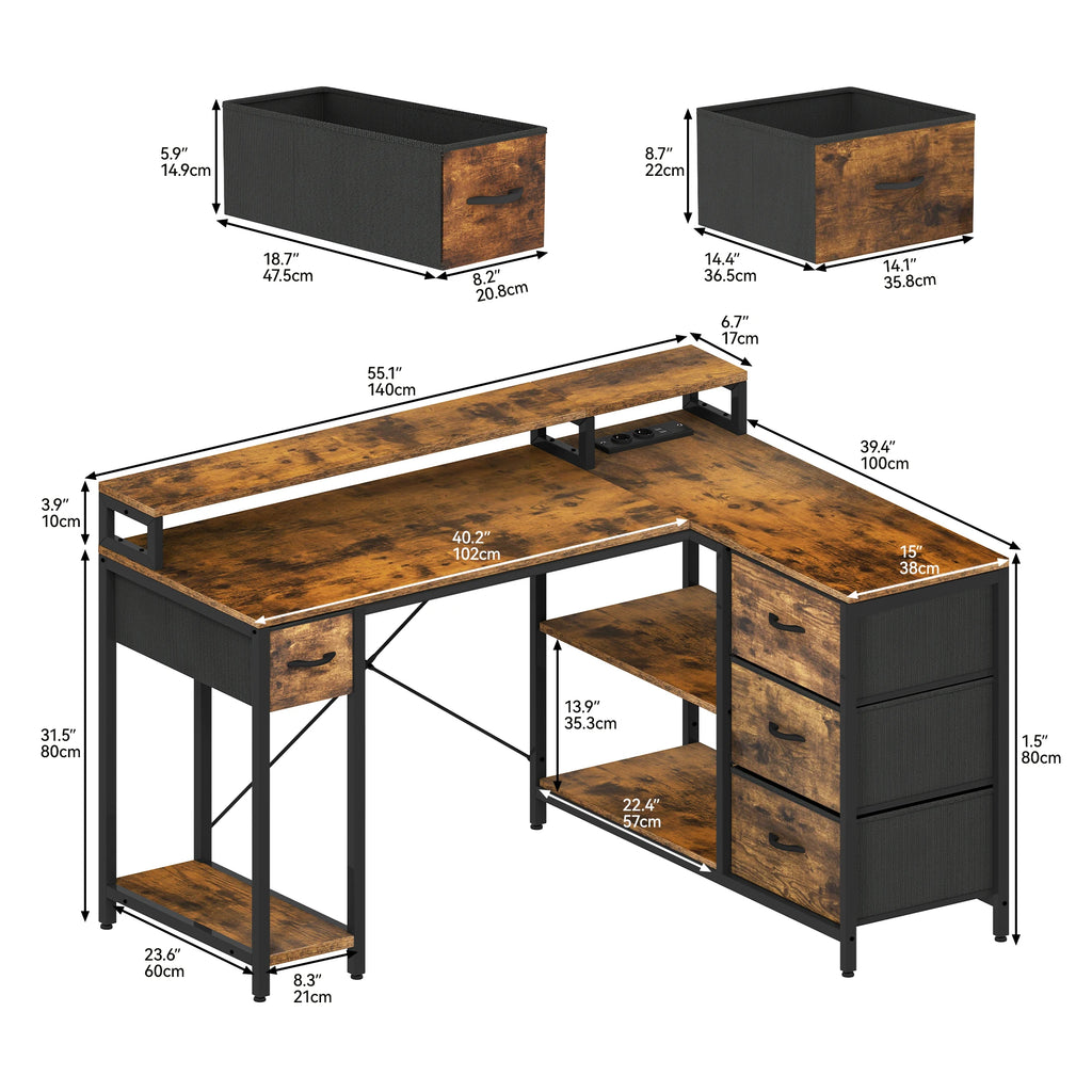 YITAHOME Brown L Shaped Office Desk 140x100cm with USB Charging 4 Drawers