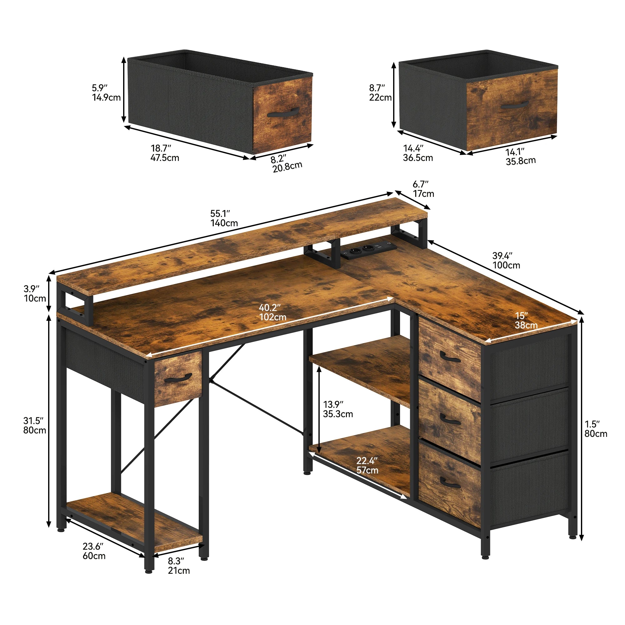YITAHOME Brown L Shaped Office Desk 140x100cm with USB Charging 4 Drawers