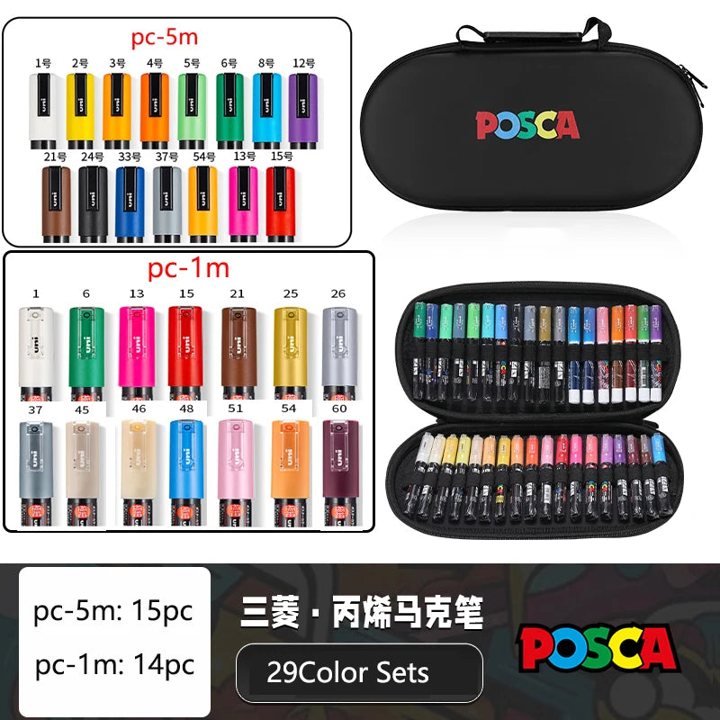 POSCA Acrylic Markers Organized in Bags, 0.7-2.5mm School Coloring Pens, Handy Original Japanese Professional Art Paint Supplies