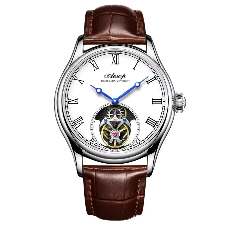 AESOP Real Tourbillon Mechanical Watches Limited Edition Luxury Men Manual Winding Movement Leather/Stainless Steel Wristwatches
