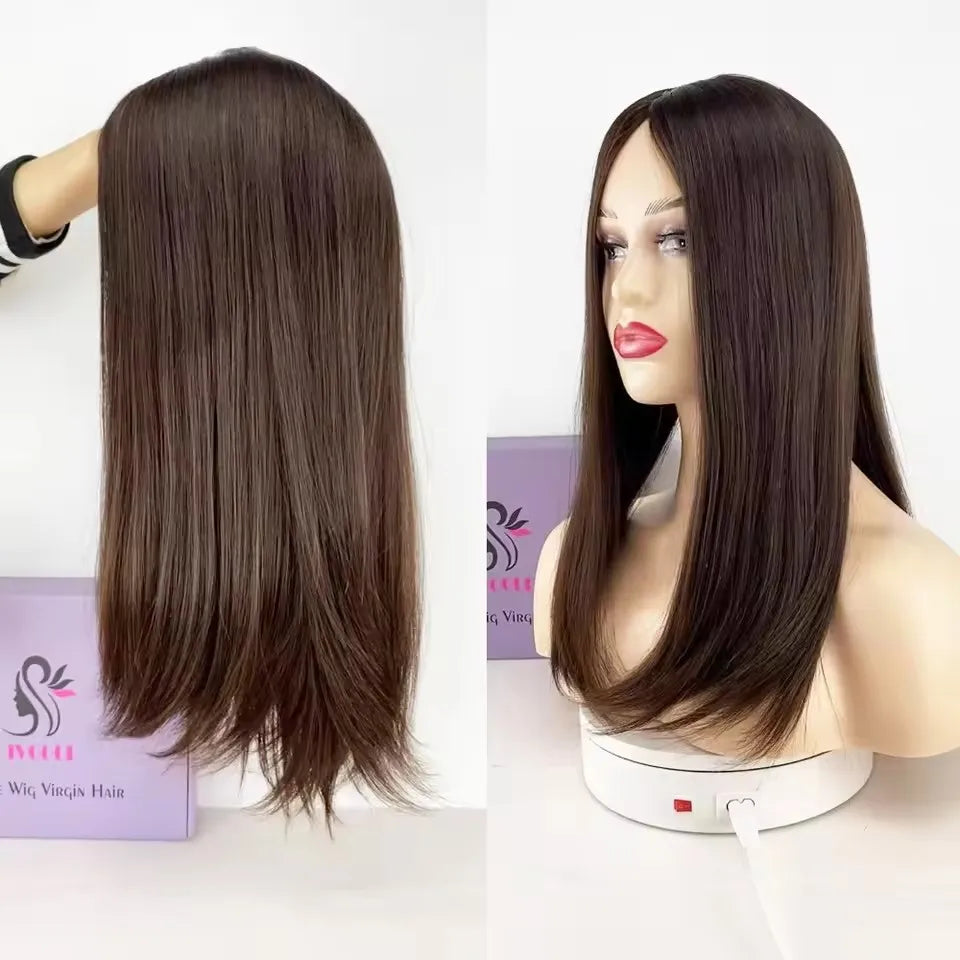 Jewish Topper Full Virgin European Hair 8x8'' Silk Base Natural Scalp Medium Brown Same Length Sheitels Silk Top Kosher Wig