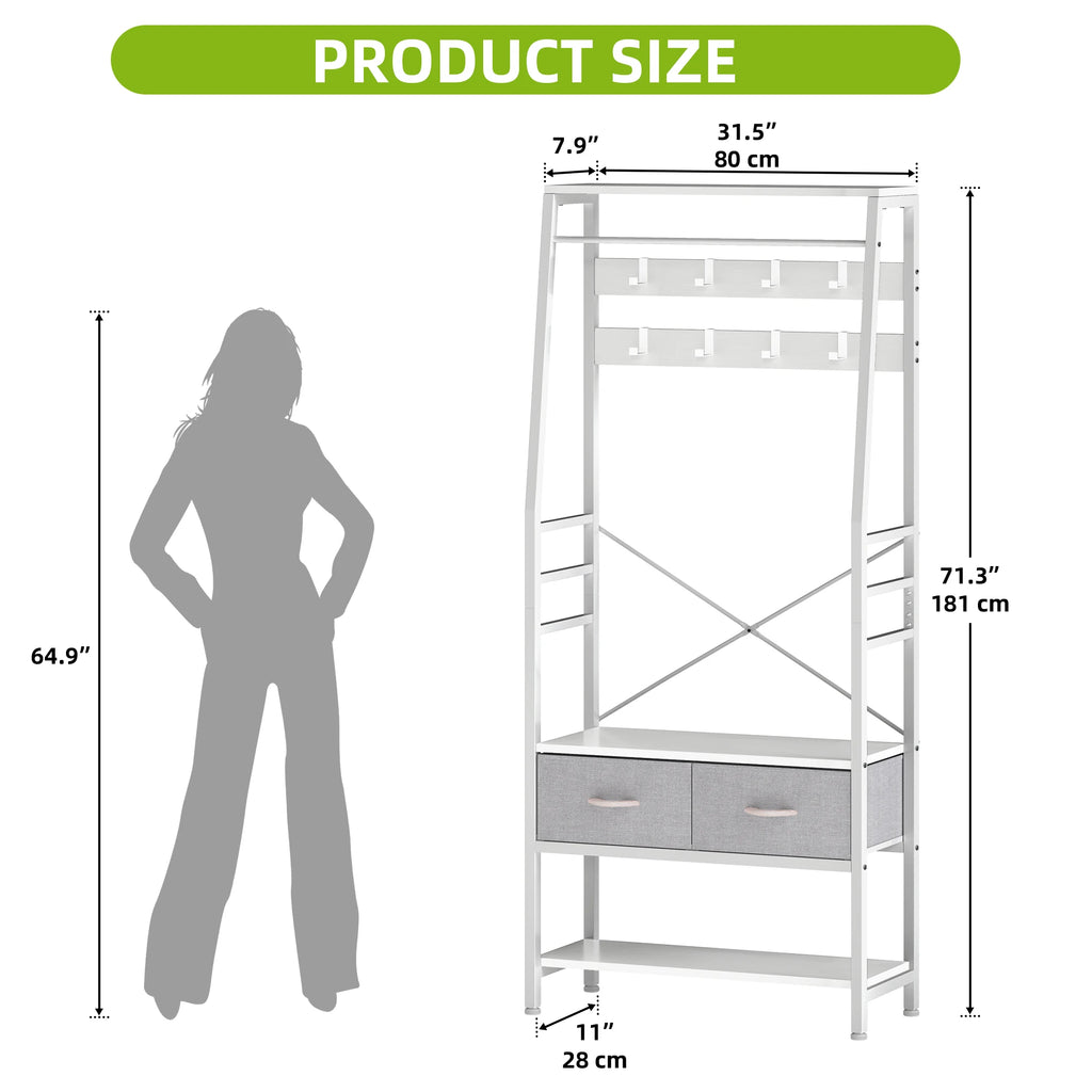 YITAHOME White Industrial Coat Rack - Hall Tree with Bench, 8 Hooks and 2 Foldable Drawers for Entryway Living Room