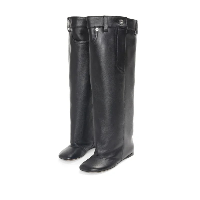 Black Belt Design Pleated Lazy Knee High Boots 2023 New Women's European and American Style High Heels Fashion Boots Size 34-43