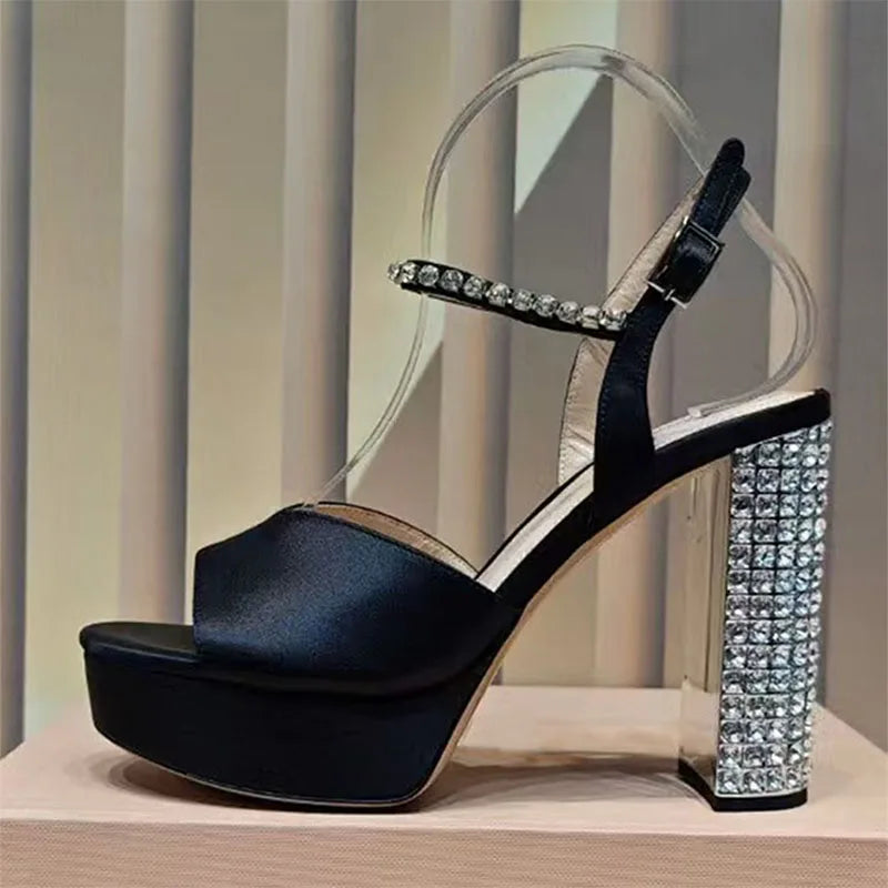 Summer Super High Heels Sandals Woman Rhinestone Studded Chunky Heels Party Shoes Woman Crystal Platform Sandals For Women