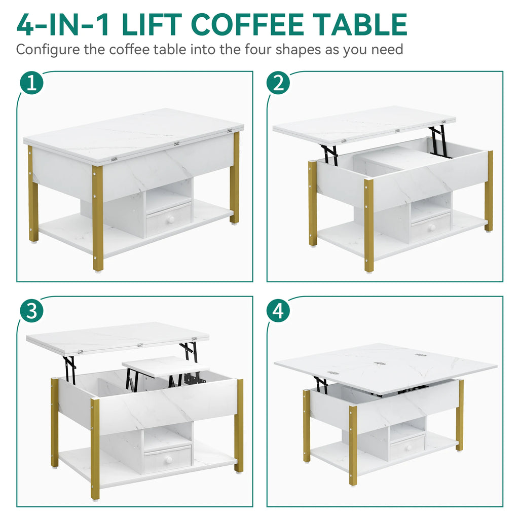 YITAHOME White Marble Lift Top Coffee Table 4 in 1 with Drawers Storage Converts to Dining Table for Living Room