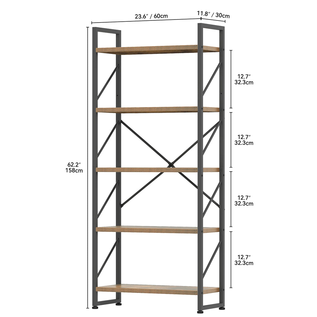 YITAHOME Rustic Brown 5-Tier Bookcase - Industrial Metal Shelf for Living Room Bedroom Office