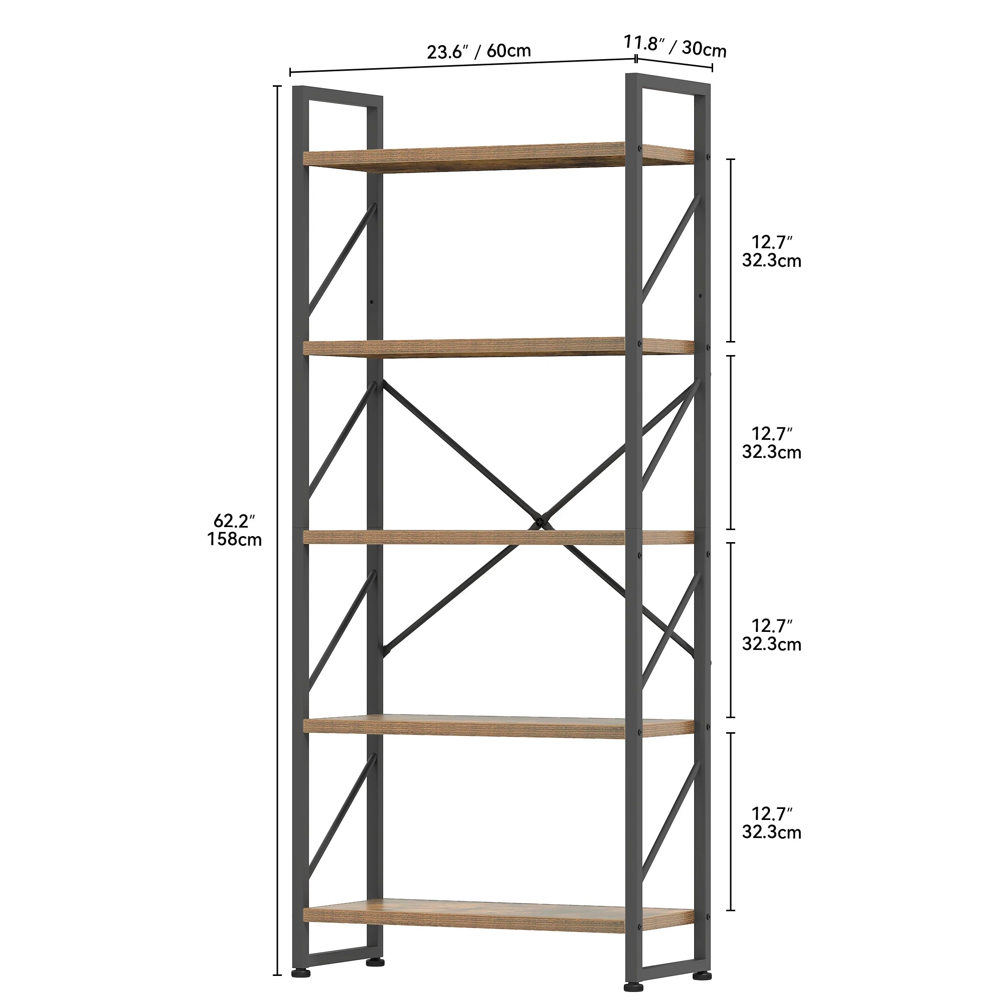 YITAHOME Rustic Brown 5-Tier Bookcase - Industrial Metal Shelf for Living Room Bedroom Office