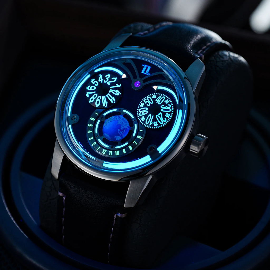 OBLVLO Fashion Eagle 3 Eyes Automatic Watch for Men Green Dial Blue Luminous Waterproof Mechanical Leather Watches JM-Eagle