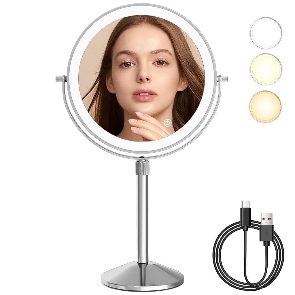 7" Makeup Mirror with Light USB Rechargeable Height Adjustable 1X/10X Magnifying 3 Color lighting 360° Rotation Vanity Mirror