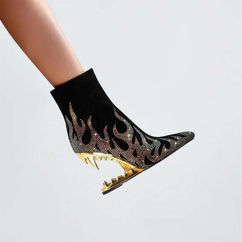 High Quality European and American Designer Runway Shoes 2023 Sexy Shaped High Heels, Fashionable Flame Rhinestone Short Boots