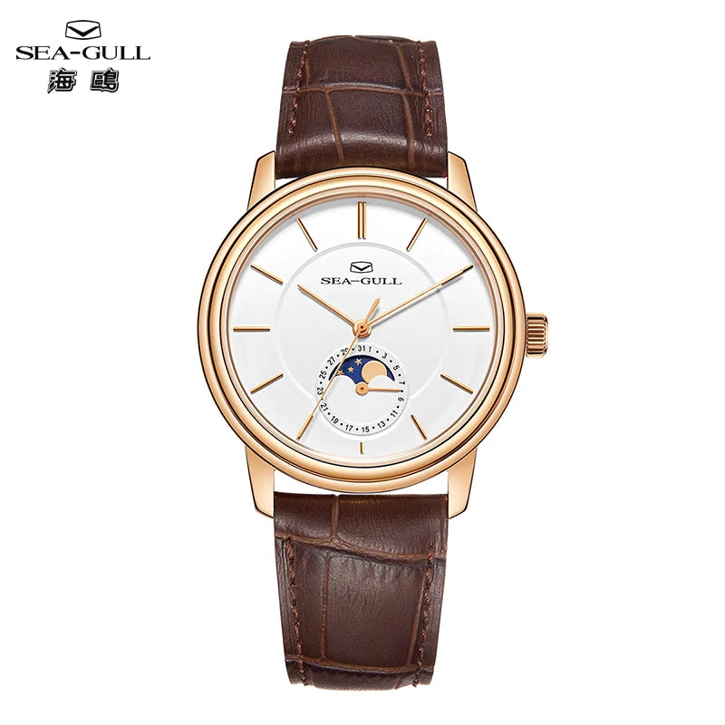 Seagull 38mm Classic Moon Phase Watch Men's Automatic Mechanical Watches ST1818 Sapphire 5Bar Wateproof Luxury Men Watch 1080