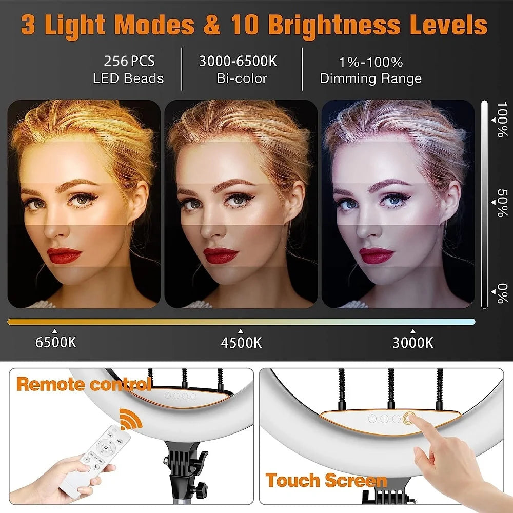 18 inch Ring Light Photo Studio Lamp with 78'' Tripod Stand Bi-Color 2700-6500K for Video Recording Makeup Selfie Ring Light