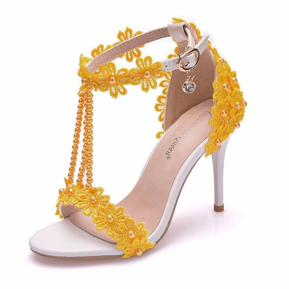 Comemore Crystal Queen Women Sandals Flowers Pearl Stilettos Bridal 9cm Evening Party High Heels Bridal Pumps Wedding Shoes 2023