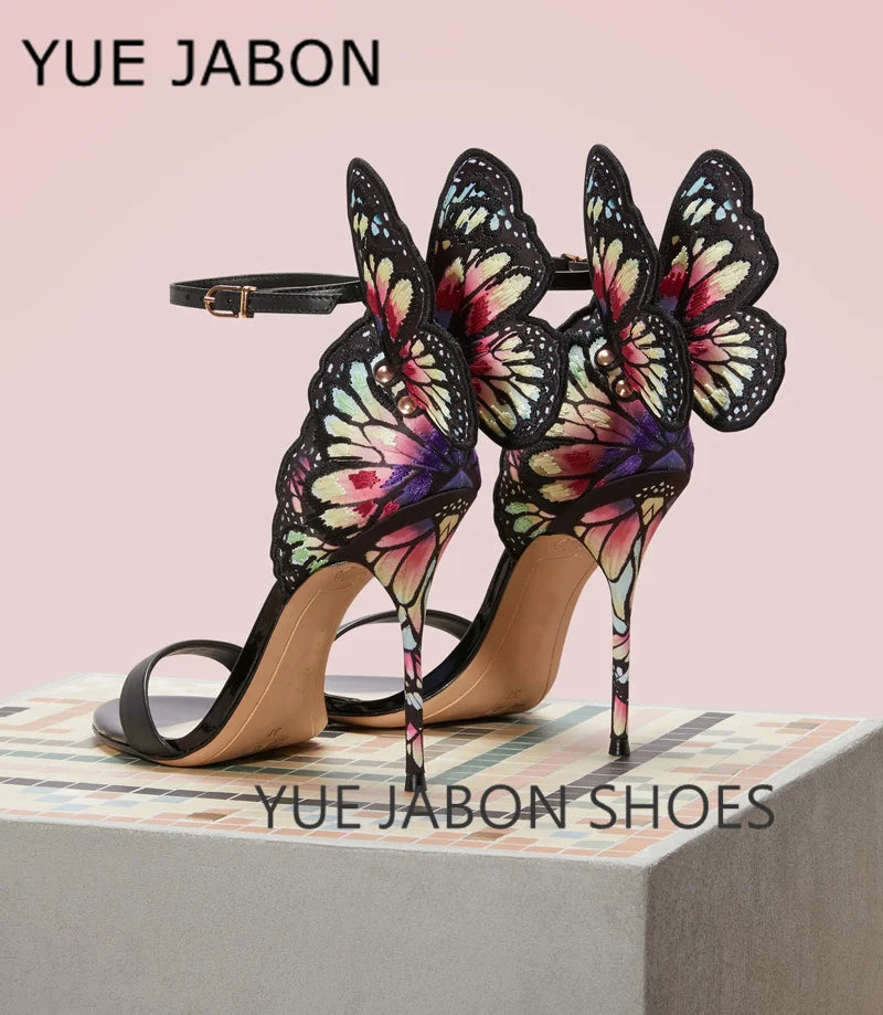 Black butterfly sandals leather metallic embroidered angel wings dress woman high heels open toe buckle strap lady thin pumps