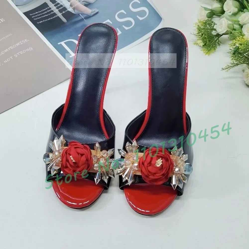 Retro Flower High Heels slippers Women Luxury Crystal Patent Leather Shoes Summer Ladies Gorgeous Open Toe Appliques Slippers
