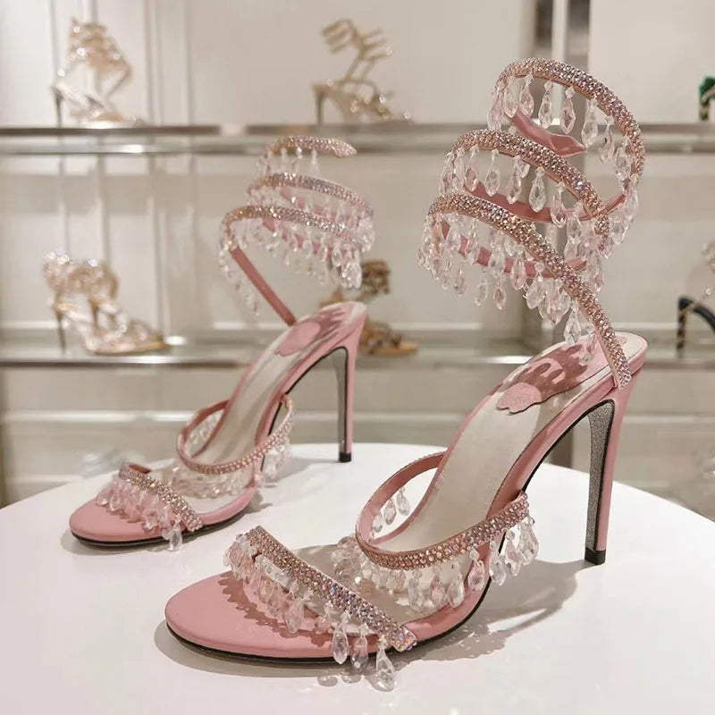 Sexy High Heels Gladiator Sandals Women Crystal String Bead Snake Twine Around Ankle Strap Wedding Shoes Summer Sandals Woman