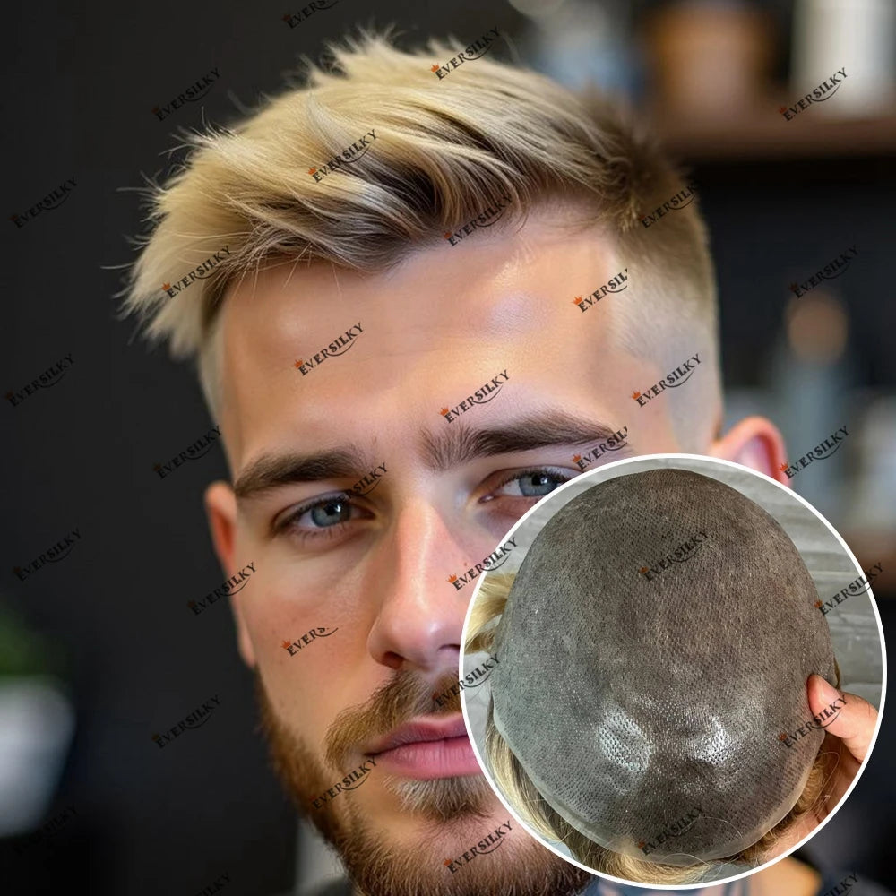 European Male Human Hair Brown Blonde Ombre Thin Skin Hair Toupee Vloop 0.06-0.08mm Durable Thin Skin Natural Hairline Men Wig
