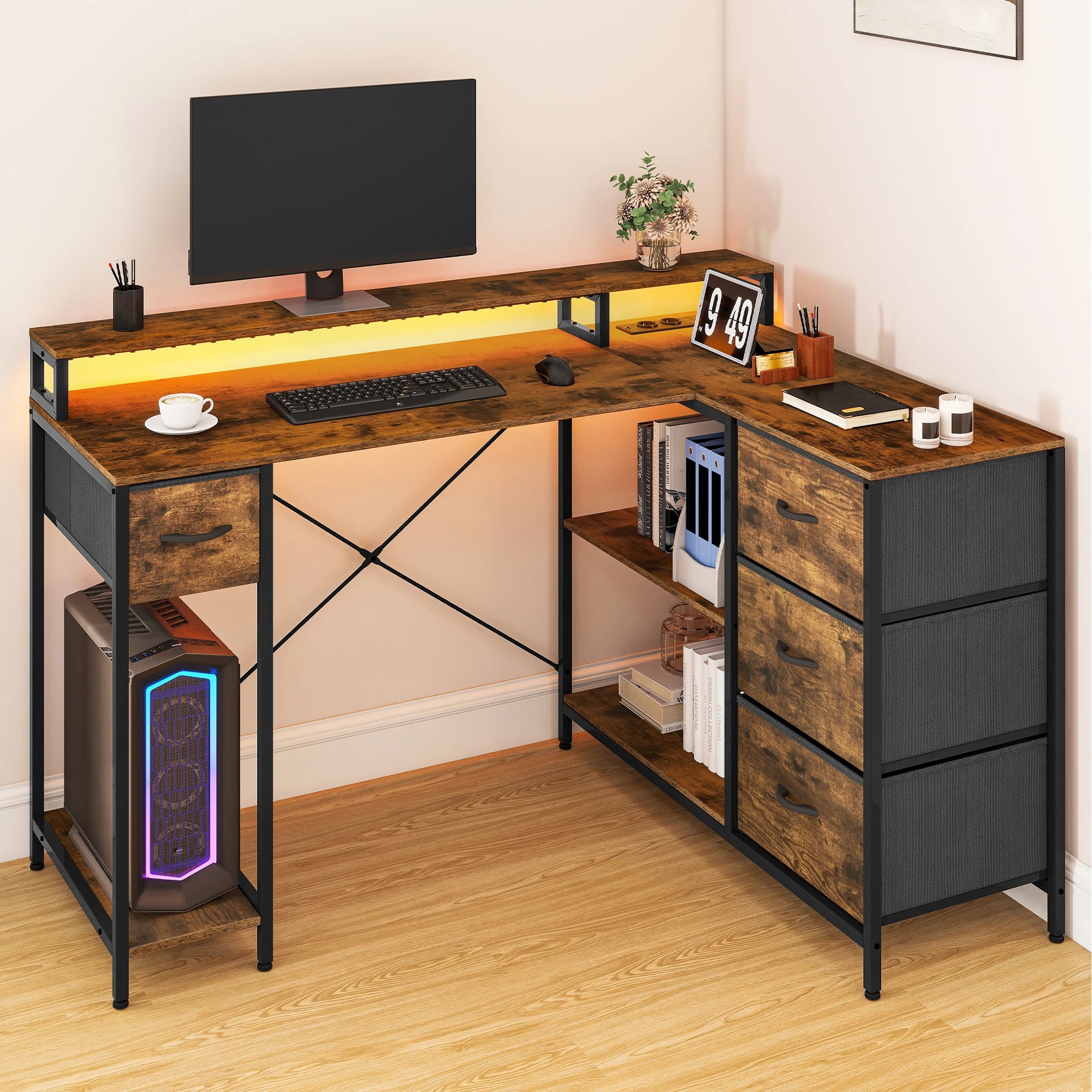 YITAHOME Brown L Shaped Office Desk 140x100cm with USB Charging 4 Drawers