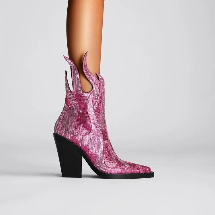 High Quality European and American Designer Runway Shoes 2023 Sexy Shaped High Heels, Fashionable Flame Rhinestone Short Boots