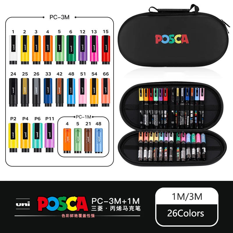 POSCA Acrylic Markers Organized in Bags, 0.7-2.5mm School Coloring Pens, Handy Original Japanese Professional Art Paint Supplies