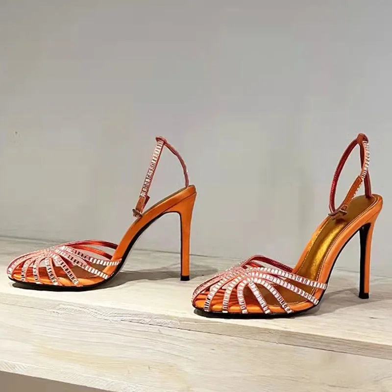Rhinestone Sandals Woman High Heels Hollow Outs Summer Sandalias Woman Ankle Strap Crystal Shoes Women Stiletto Sandals Woman