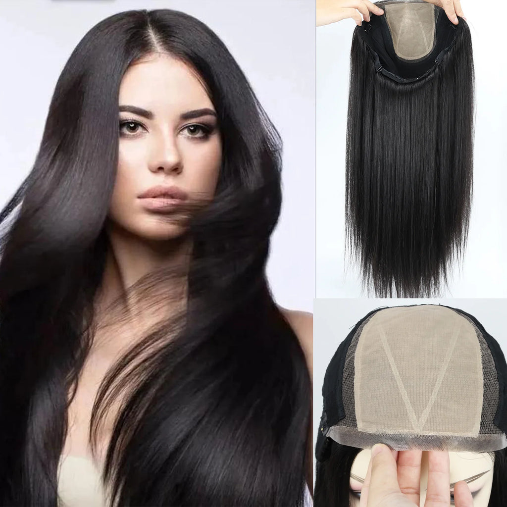 24" Real Virgin Human Hair Silk Top Wig Silk Base Wig with PU Around Natural Black for Women Natural Scalp Wig Soft Comfortable