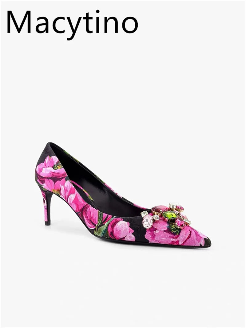 Ladies Spring Autumn Print Design High Heels Stilettos Pointed Toe Slingback Wedding Party Shoes Fashionable