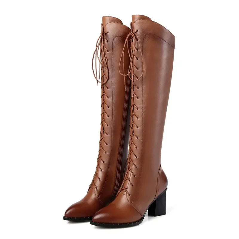 Women Knee High Boots 2026 Luxury Cow Genuine Leather Brown Black High Heels Long Boot Designer Female Winter Shoes Big Size 42
