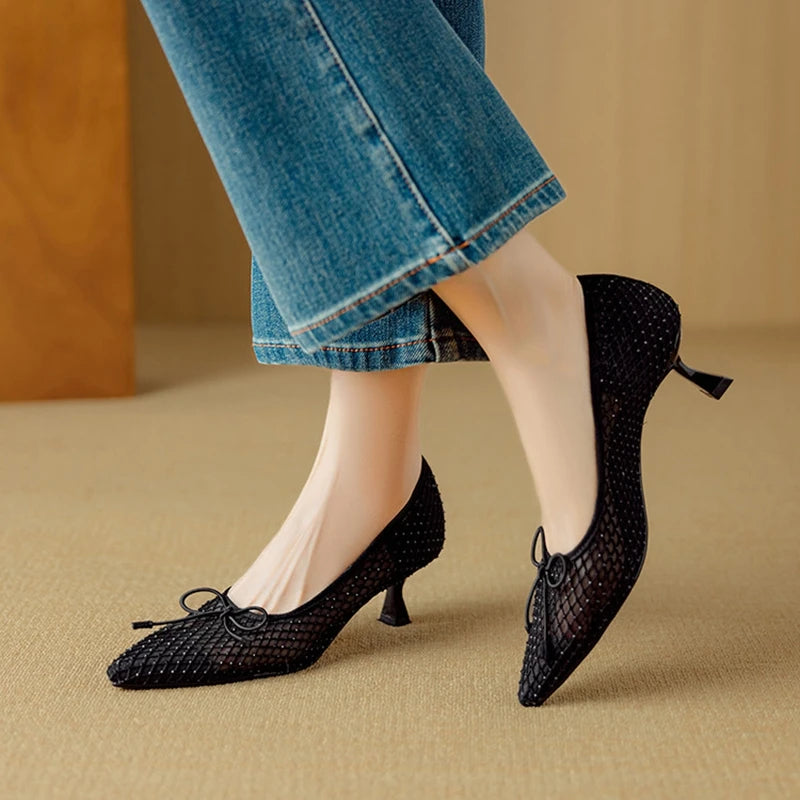 NEW Spring/Autumn Women Pumps Pointed Toe Thin Heel Shoes Sweet Mesh Shoes for Women Elegant Bow-knot Shallow Slip-on High Heels