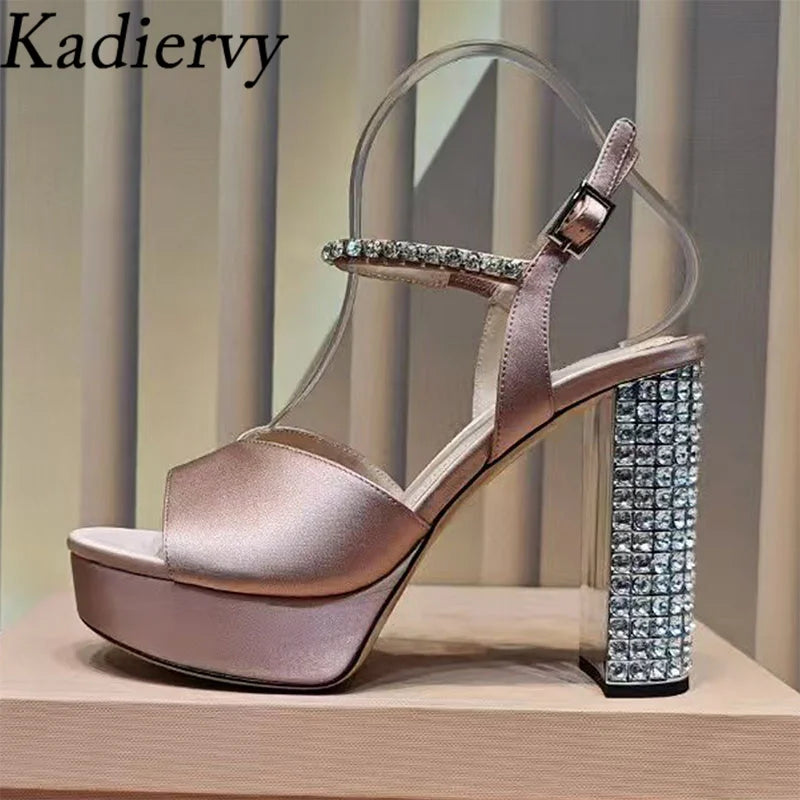 Summer Super High Heels Sandals Woman Rhinestone Studded Chunky Heels Party Shoes Woman Crystal Platform Sandals For Women