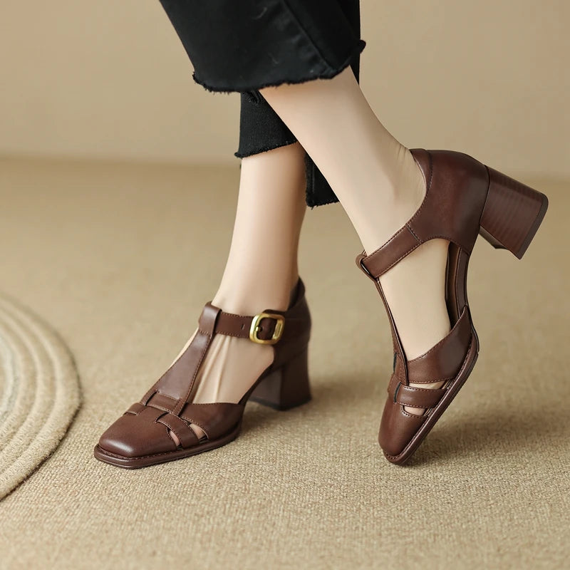 2025 New Fashion Classics Genuine Leather Sandals Woman Thick High Heels Sandals Office Ladies Dress Summer Shoes Heels Women