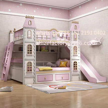 Customizable Full Solid Wood Upper and Lower Bed Bunk Bed High and Low Bed Two-story Princess Dream Castle Slide Villa