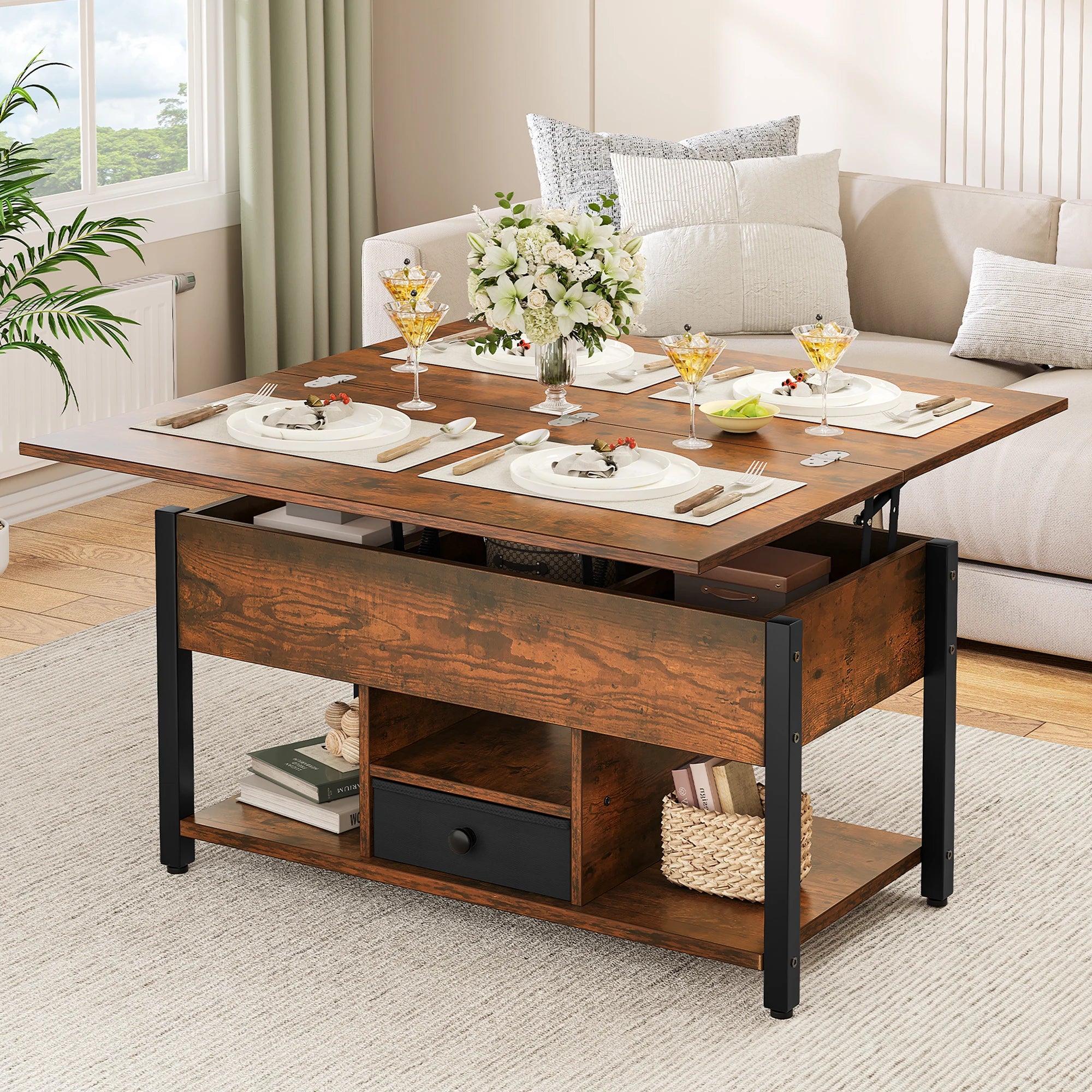 YITAHOME Lift Top 4-in-1 Coffee Table - Dining Table Convertible with Storage Drawers for Living Room