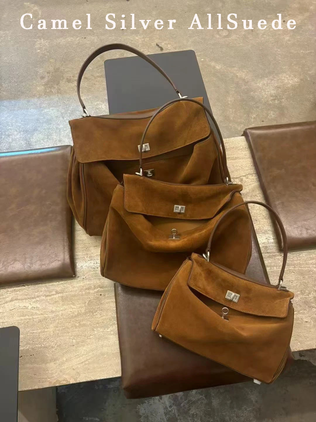 Winter Luxury Brand Women Bags Genuine Leather Brown Suede Women Totes Gold Buckle Women Shoulder Bags Fashion Women Handbags