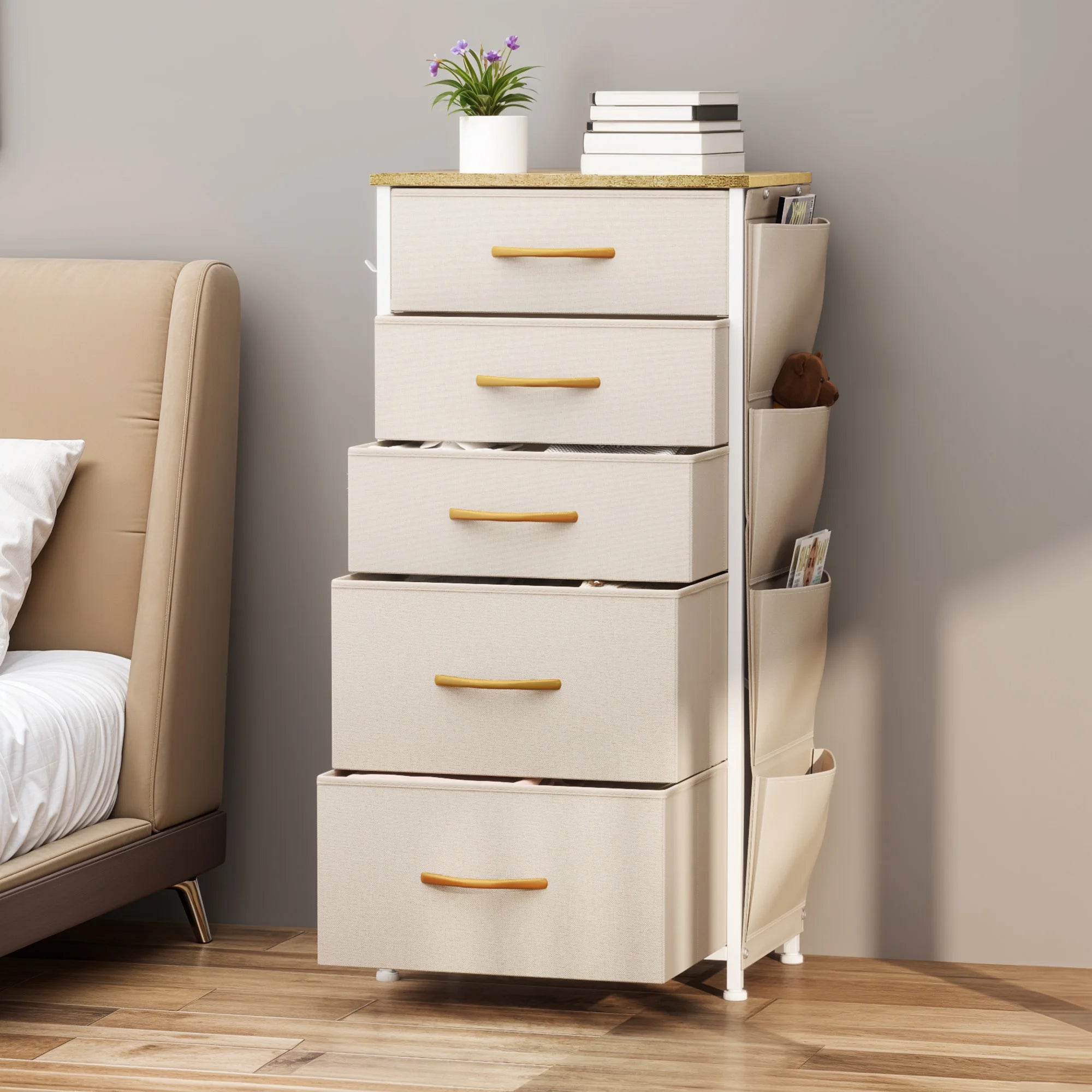 YITAHOME 5-Drawer Fabric Dresser w/Side Pockets & Hooks - Metal Frame & Wood Top for Bedroom, Nursery, Hallway (Beige)