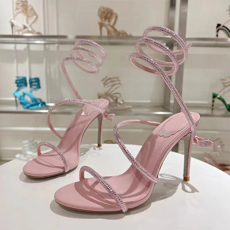 Summer High Heels Sandals Woman Crystal Snake Twine Around Ankle Strap Wedding Shoes Stiletto Butterfly-knot Sandals For Women