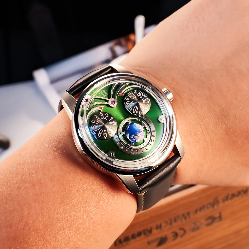 OBLVLO Fashion Eagle 3 Eyes Automatic Watch for Men Green Dial Blue Luminous Waterproof Mechanical Leather Watches JM-Eagle