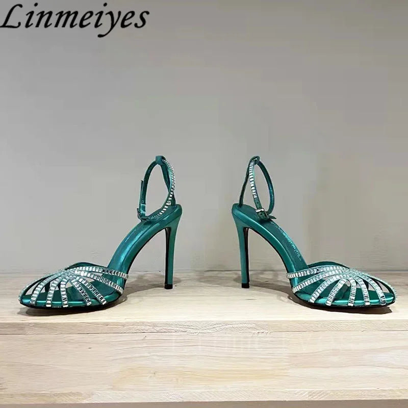 Rhinestone Sandals Woman High Heels Hollow Outs Summer Sandalias Woman Ankle Strap Crystal Shoes Women Stiletto Sandals Woman