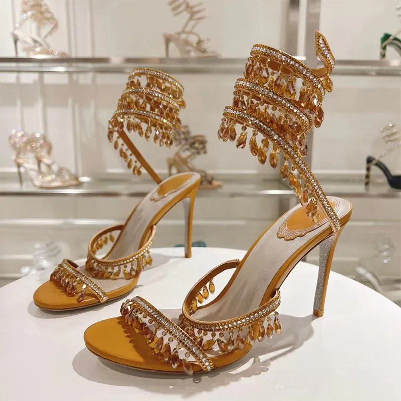 Sexy High Heels Gladiator Sandals Women Crystal String Bead Snake Twine Around Ankle Strap Wedding Shoes Summer Sandals Woman