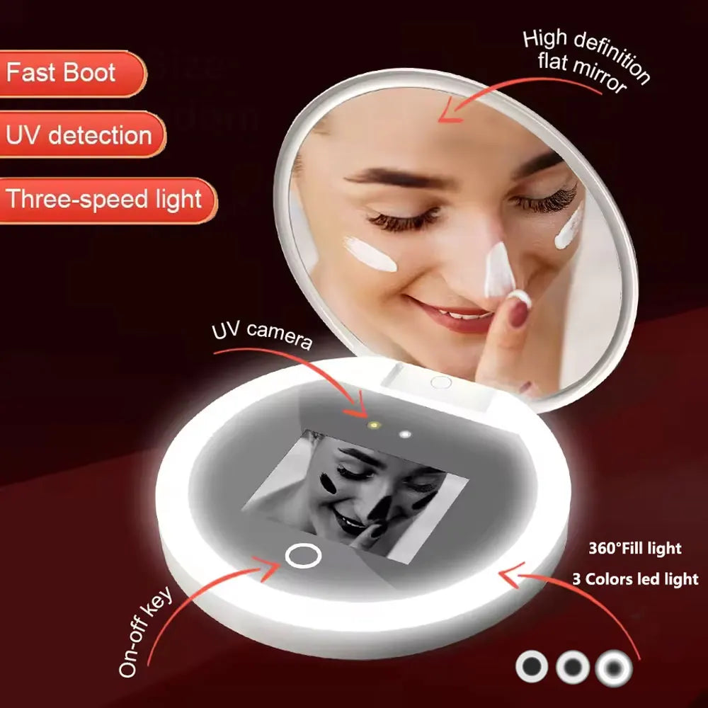 UV Mirror Sunscreen Smart Makeup Mirror Testing Camera Visual Face with 3 Colors Led Light Mirror Travel Portable