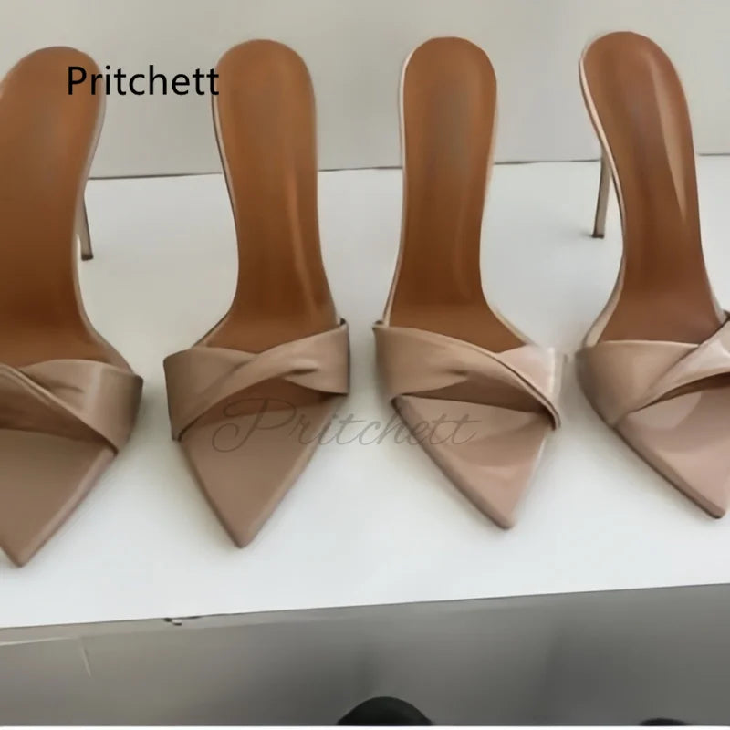 Twist Strap Stiletto Women's Slippers Sexy High Heels Open Pointed Toe Summer Leather Mules Ladies Stylish Outside Party Shoes