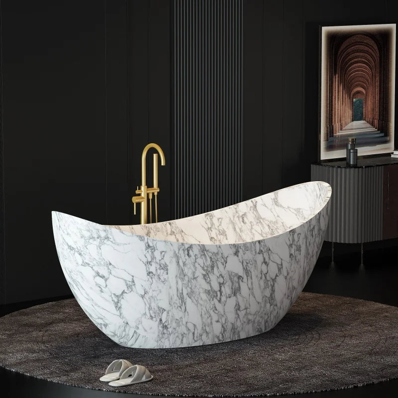 Freeform Natural Stone 1.7m Bathtub, Insulated Irregular Double Soaking Tub, Heat-Retention Freestanding Luxury Bath for Home