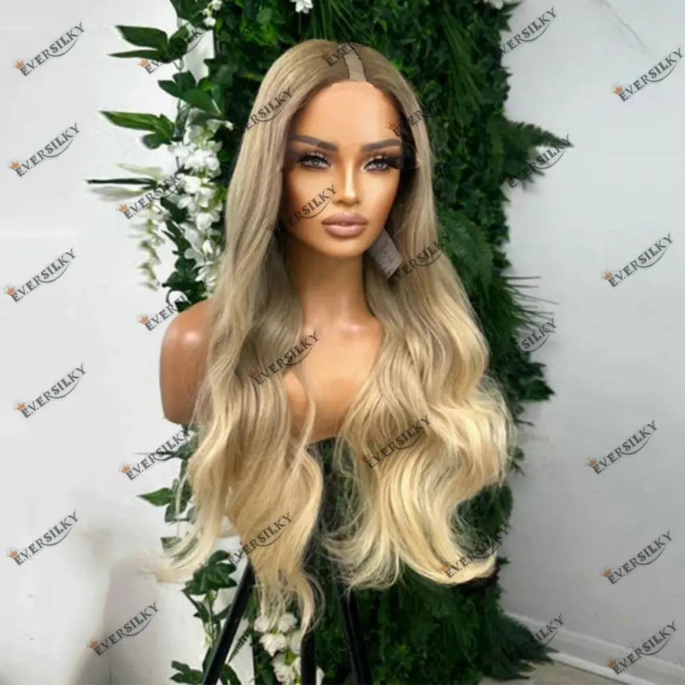 U Part Wig Human Hair Slightly Wavy Rooted Light Golden Blonde for Women Easy Wear1*4Size V Part Wig Human Hair Remy Indian Hair