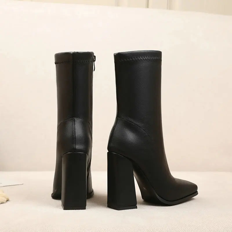 Plus Size 44 11 Solid White Black Zip Up Square Slash Toe Womens Winter Shoes Block Straight High Heels Mid-calf Stretch Boots