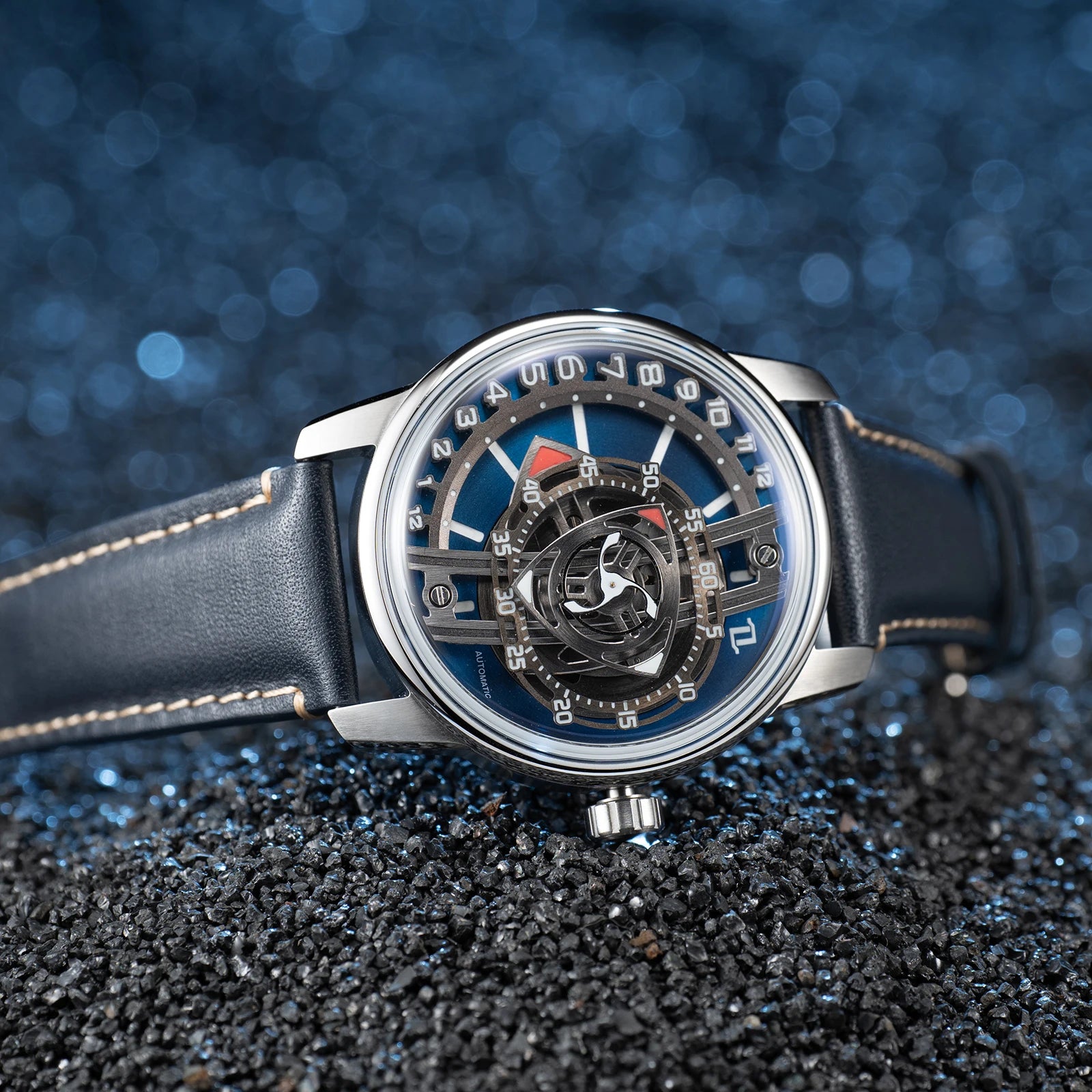 OBLVLO Fashion Men's Automatic Watch Forged Carbon Rotor Analog Display Luminous Hands Waterproof Leather Band Mechanical Watch.