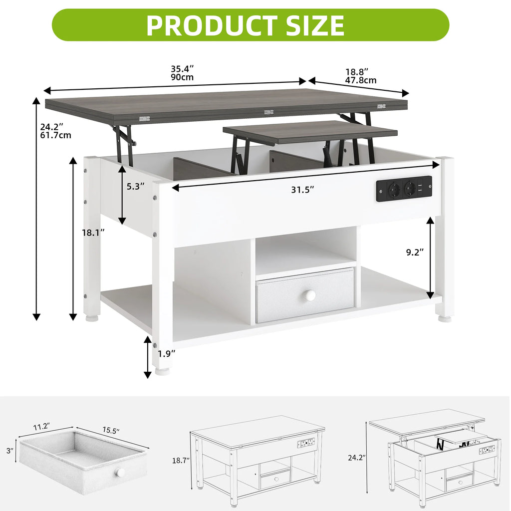 YITAHOME White & Grey 4-in-1 Coffee Table - Adjustable Height, Converts to Dining Table with Storage & LED Lighting